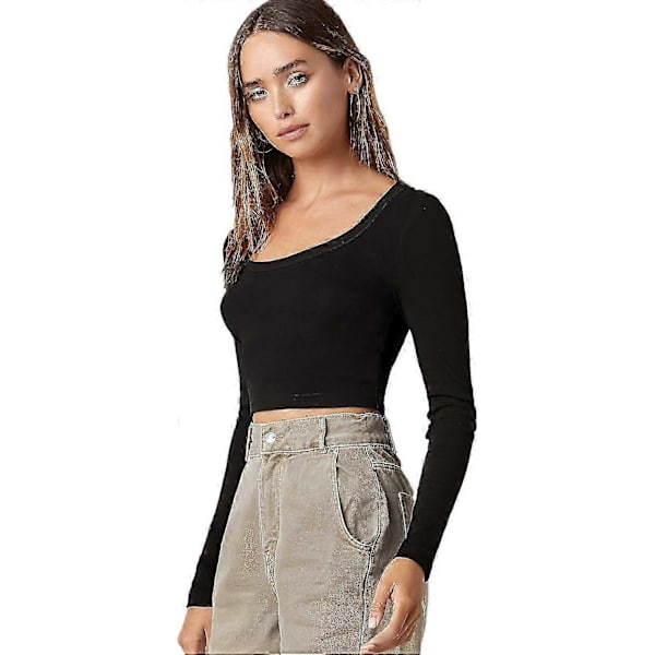 Basic, ensfarget, elastisk crop top med rund hals og lange ermer for kvinner Black Small