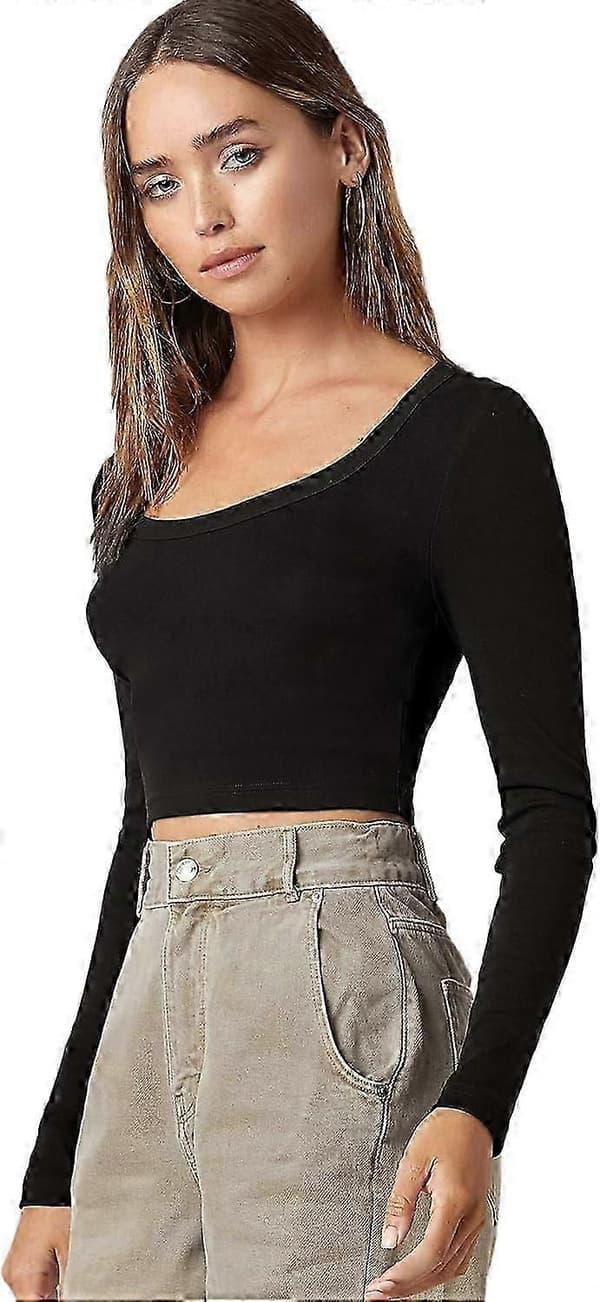 Basic ensfarvet stretch top med rund hals og lange ærmer til kvinder Black Small