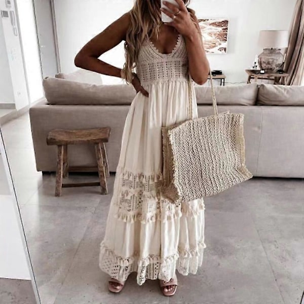 Strandklänning Utskuren Spets Sommar V-ringad Lång Klänning för Fest White XL