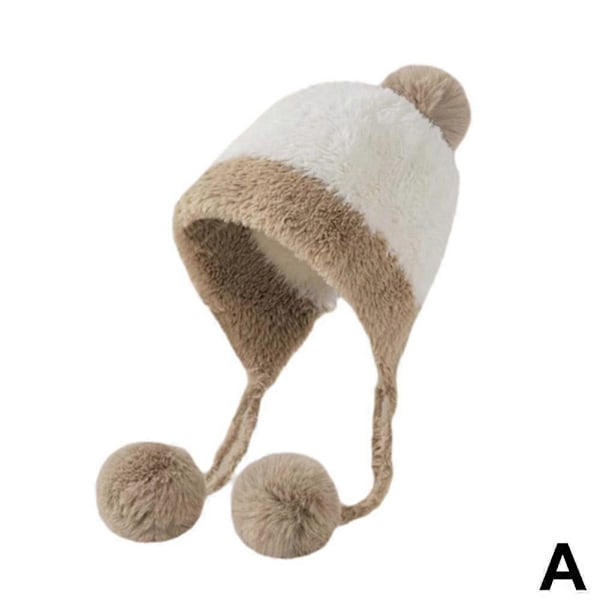 Muhkea Lei Feng -hattu, paksu neulos roikkuvalla pallolla, lankalakki, samettikorvasuoja Beige
