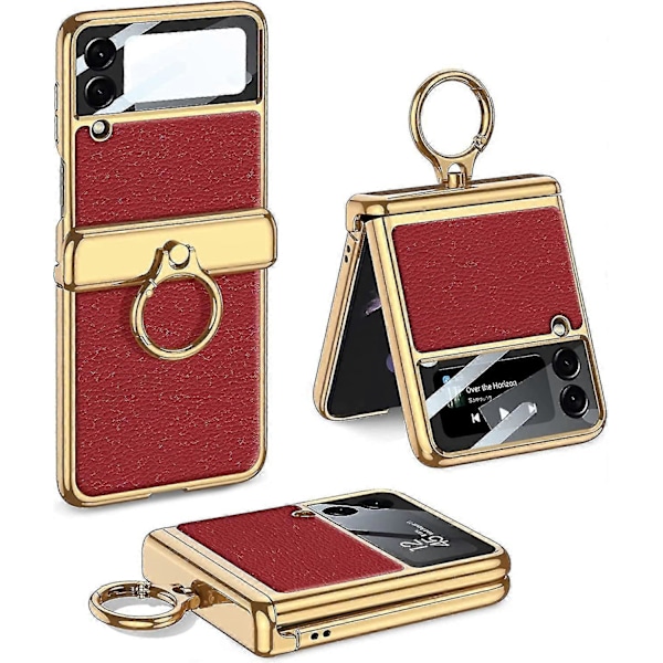 Läderfodral Kompatibelt med Samsung Z Flip 3 med Ringhållare Magnetiskt Gångjärn, Plätering Z Flip 3 Fodral Ställ Red