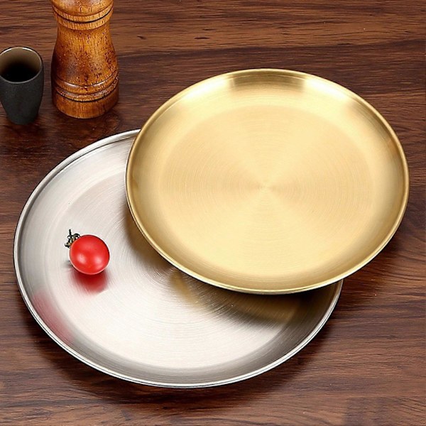 JiKaiX Ruostumattomasta teräksestä valmistetut ruokalautaset Pyöreät paksunnetut salaattilautaset Koti Keittiö BBQ Salaatin tarjoilulautanen Pöytäastiat Golden 14cm