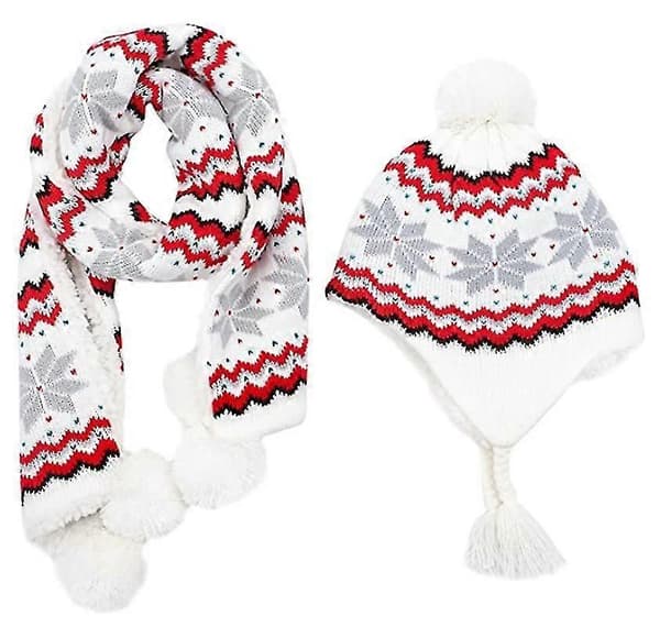 Strikket tørklæde, hue, handsker og fløjlsforing vinterdragt til piger (small) white SIZE 2