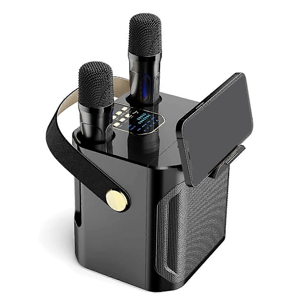 Kraftfull Karaoke Bluetooth-högtalare Bärbar 360 Stereo Surround Trådlös Subwoofer med Dubbla Mikrofoner Svart