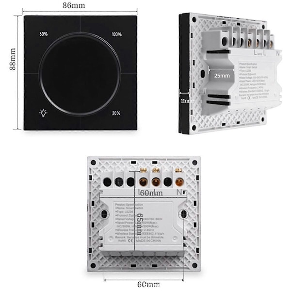 Vred Dimmer Regulator Zigbee 3.0 PC Panel Väggströmbrytare (Svart)