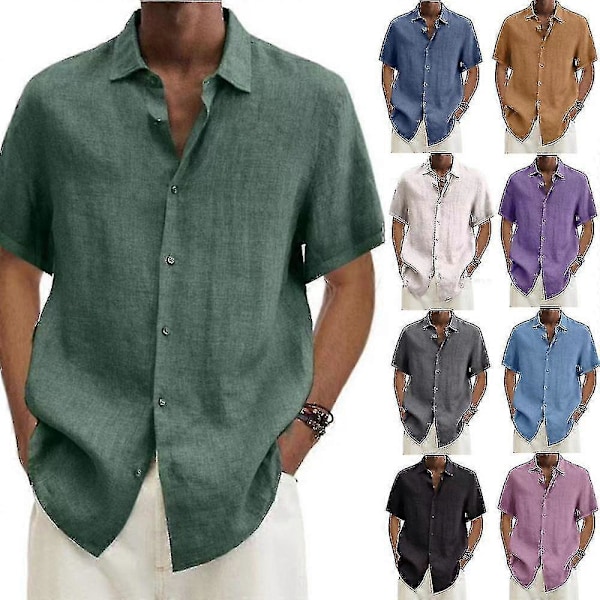 2025 Bomulls- och linneblus Sommar Herr Nedvikt Krage Kortärmad Knapp Lös Blus Toppar Oversized S-5xl khaki 4XL