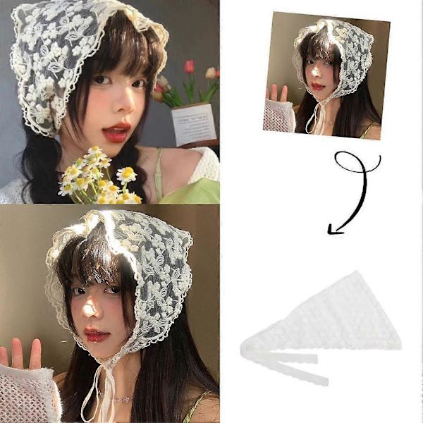Vit Vävd Blommig Spets Hårscarf Wraps för Kvinnor Retro Triangel Huvudduk