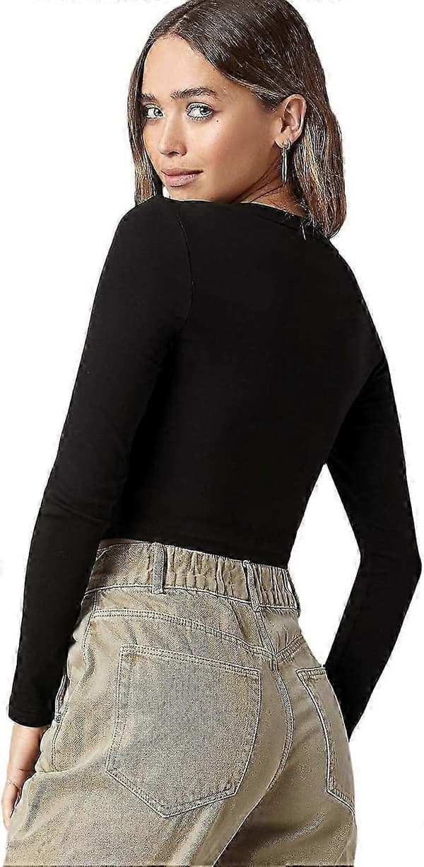 Basic, ensfarget, elastisk crop top med rund hals og lange ermer for kvinner Black Large
