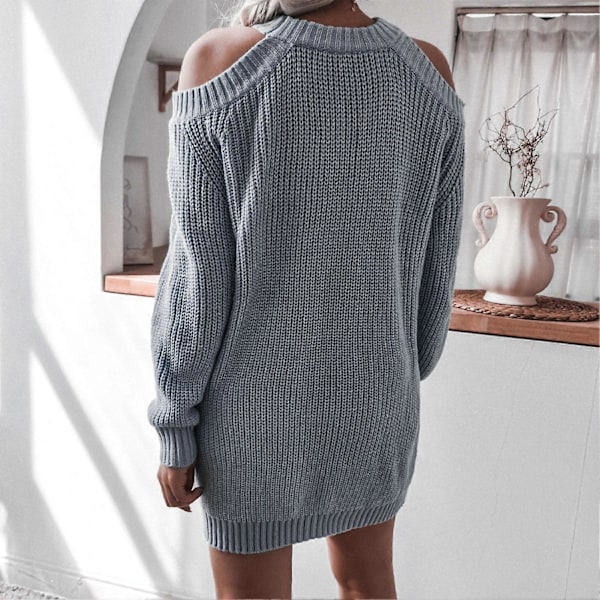 Dam Långärmad Kall Axel Tröja Klänning Elegant Lös Casual Enfärgad Rundhals Stickad Klänning Grå L