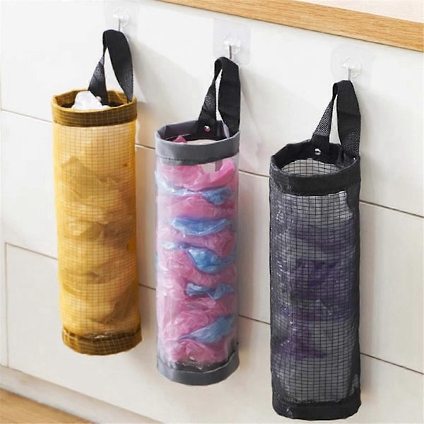 Hållare för matkassar för hemmet, väggmonterad plastpåsehållare, dispenser, hängande förvaring, soppåsar, svart