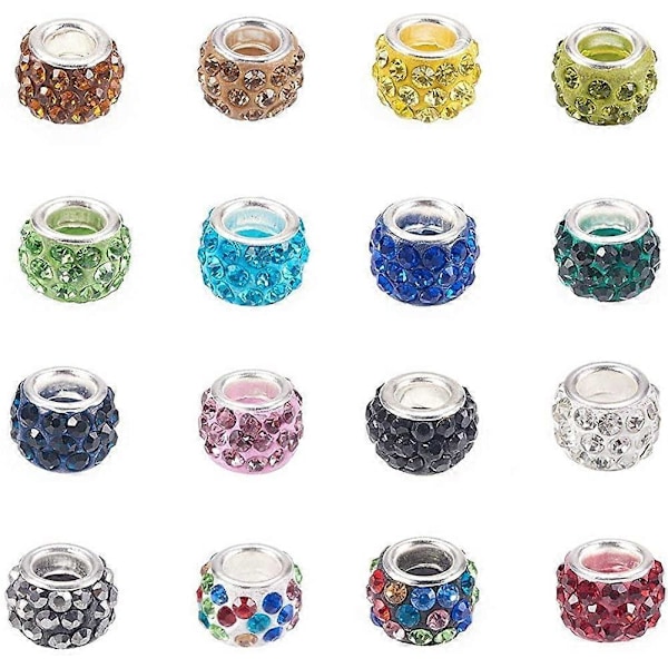 Rhinestone Glas Europeiska Pärlor Polymerlera Stort Hål Slide Kristallberlocker med Silverfärgade Mässingskärnor Blandade Färgdistanspärlor Passar