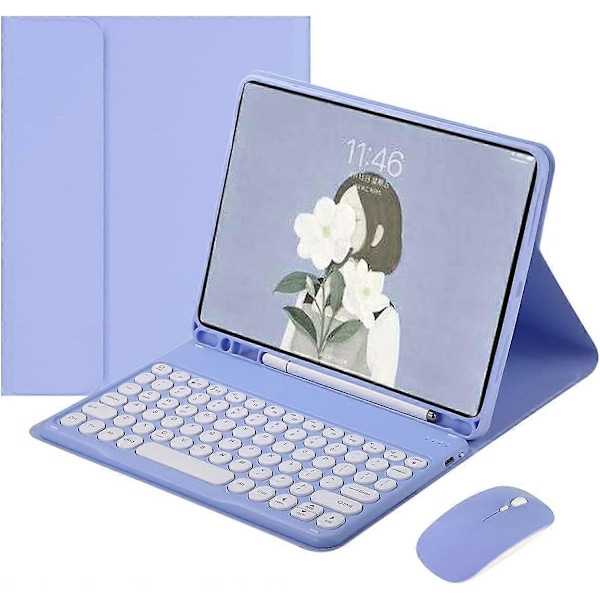 Ipad 9 2021 10,2 tum Ipad 8 Ipad 7 Air 3 Pro 10,5 tangentbordsfodral med mus, färgstarkt tangentbord, retro runda tangenter (lila)