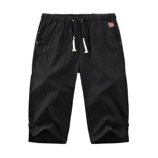 Herr Sommar Linne Look Capri Byxor Casual Elastisk Midja 3/4 Längd Byxor Plus Storlek- Black L