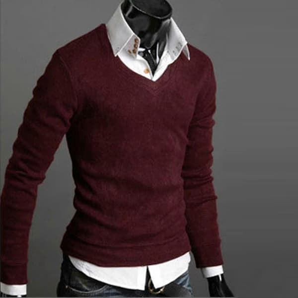 Herrtröja enfärgad V-ringad stickad tröja Wine Red XL