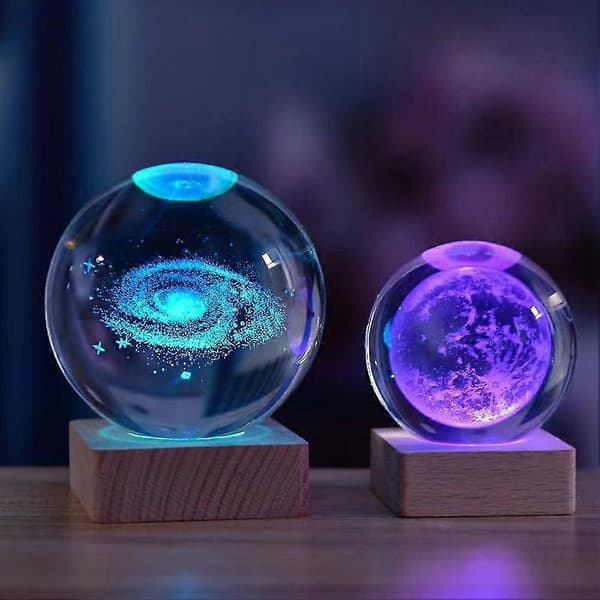 3D Krystallkule Nattlys Dekorlampe Gravert Solsystem Glasskule Modell Dekor Astronomigave Til Barn Solar System 8cm