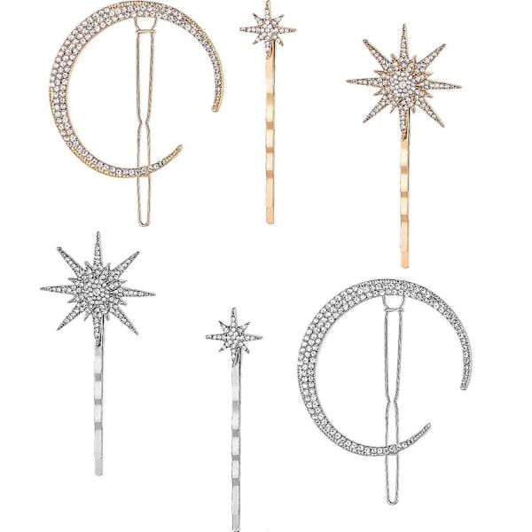 6 Stk. Stjerne- og Måne Hårklemmer Vintage Rhinestone Stjerne Hårnåle Hårspænder Metal Legering Måne Hårnåle (Guld og Sølv)