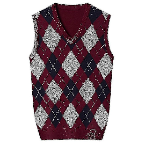 Herre Cashmere Pullover Uldblanding Ærmeløs Strik V-hals Sweater Wine red 2XL
