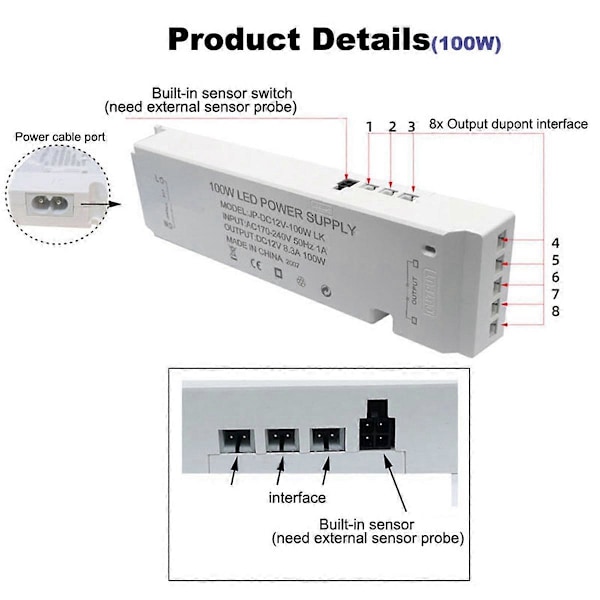 AC220V til DC12V Transformer Kabinet Lys Strømforsyning 100W EU Stik