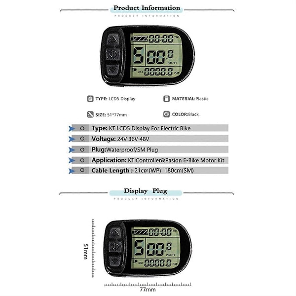 Ebike KT-LCD5 Display 24V36V48V72V SM/Vattentät Kontakt Display