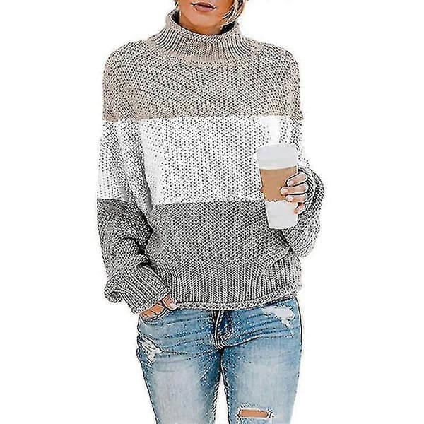 Damstickad tröja långärmad ledig oversize Khaki and Grey M