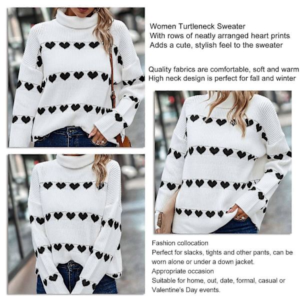 Dame Turtleneck Sweater Afslappet Mode Sød Langærmet Hjerte Pullover Sweaters til Efterår Vinter Hvid Baggrund Sort Hjerte XL