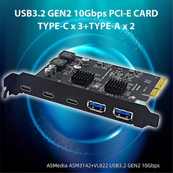 PCI Express X4 till 3 Port Typ C + 2 Port USB3.2 Gen2 10Gbps Adapter