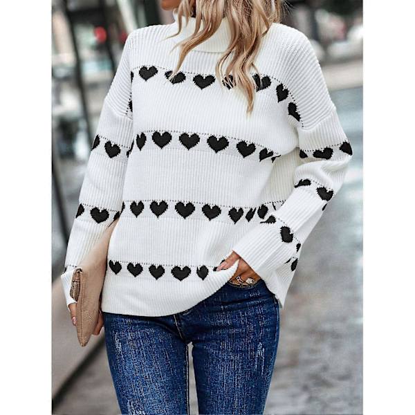 Dame Turtleneck Sweater Afslappet Mode Sød Langærmet Hjerte Pullover Sweaters til Efterår Vinter Hvid Baggrund Sort Hjerte XL