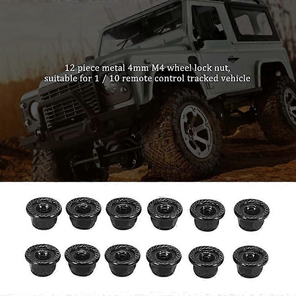 12 st Metall 4mm Hjulmuttrar för 1/10 RC Crawler Bil, Svart