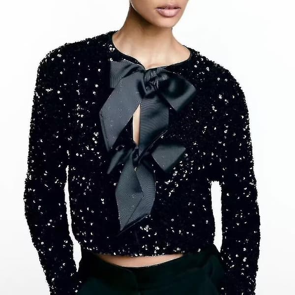 Svart Sequinjacka med Slips Framtill, Kort Jacka Black XL