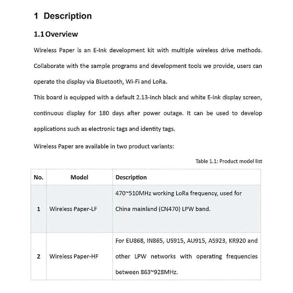 Lora langaton paperi ESP32-S3FN8+SX1262 siru, jota ohjataan Wi-Fi:n, BLE:n ja LoRan kautta, sisäänrakennettu USB-UART-silta 212X104 IOT-näyttö A