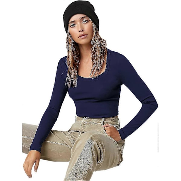 Basic, ensfarget, elastisk crop top med rund hals og lange ermer for kvinner Navy Medium