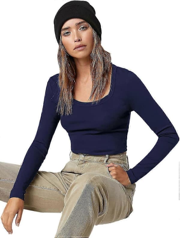 Basic ensfarvet stretch top med rund hals og lange ærmer til kvinder Navy Large