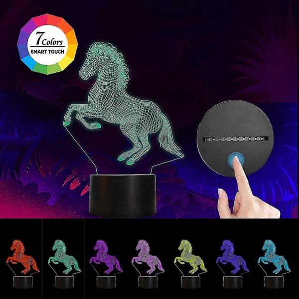 3D, 7 Farveskiftende Hest med Touch og USB-kabel, Optisk Illusionslampe til