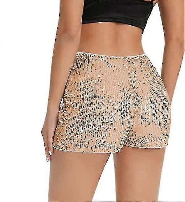 Dame Paljetter Høy Elastisk Midje Rett Ben Shorts Solid Glitter Party Shorts Gold 2XL