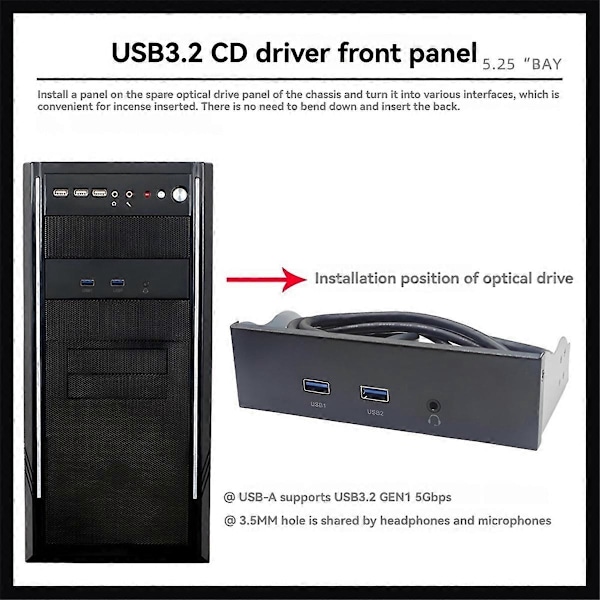 USB3.2 GEN1 Diskettstationsplats HD-AUDIO Ljud Frontpanel 5,25 tums Optisk Frontpanel Stöd 2x USB3.0 + 1x Ljud 3,5 mm