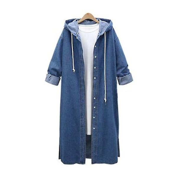 Vinter Dame Oversized Lang Denimjakke Jeansjakke Hettejakke Dark Blue S