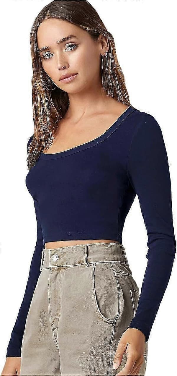 Basic, ensfarget, elastisk crop top med rund hals og lange ermer for kvinner Navy Medium