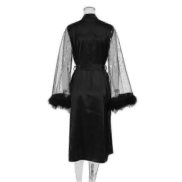 Silkekåper for kvinner Lang satengfjærkant Morgenkåpe Black M