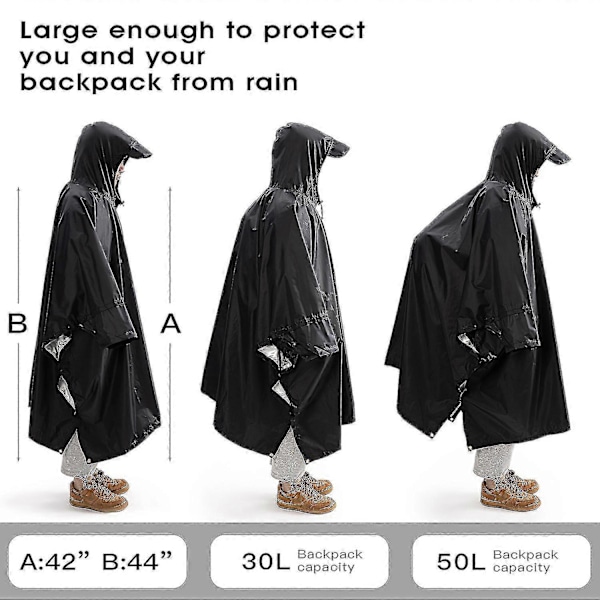 Sotilastyylinen Poncho Monikäyttöinen Rip Stop Sadeponcho Hupullinen Vedenpitävä Sadetakki Ulkoiluun (1 kpl) dark blue