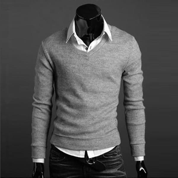 Herre Ensfarvet V-hals Striktrøje Pullover Light Gray 2XL