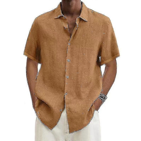 2025 Bomulls- och linneblus Sommar Herr Nedvikt Krage Kortärmad Knapp Lös Blus Toppar Oversized S-5xl khaki 4XL