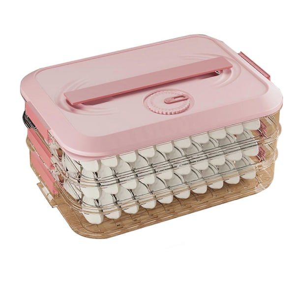 Opbevaringsboks til dumplings med håndtag, fødevaregodkendt BPA-fri non-stick stabelbar snackbeholder med låg, madopbevaringskasse Pink Triple Layer