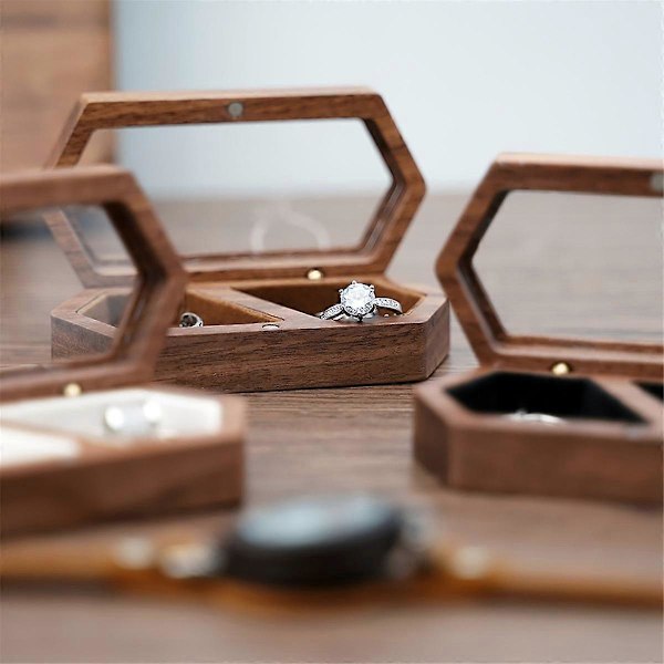 Trä Ringbox 2 Fack Ringhållare Box Rese Ring Örhängen Smyckesförvaring Daglig Organizer Förlovning Bröllop Ringbox C