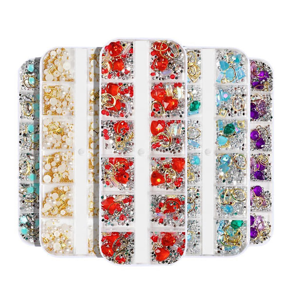 6 Lådor 12 Fack Strip Box Nitar Strass Dekor Delikata Pärlor Strass Glas Patch Blandad Stil Manikyrer Strass Glänsande Nagelkonst Strass Pat