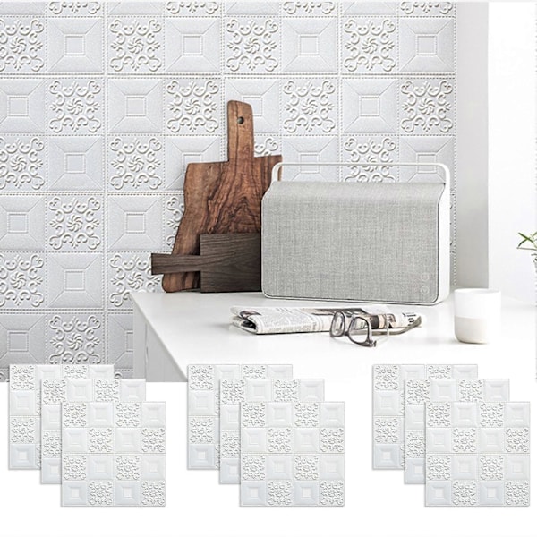 JiKaiX Självhäftande Väggplattor 3D Dekorativ Panel Texturerad Självhäftande Skum Väggdekal för Badrum Kök Stänkskydd White 4.5MM