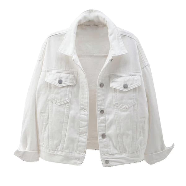 Dame Vår- og høstjakker Varm Solid Lang Eeve Denim Jakke Yttertøy White M