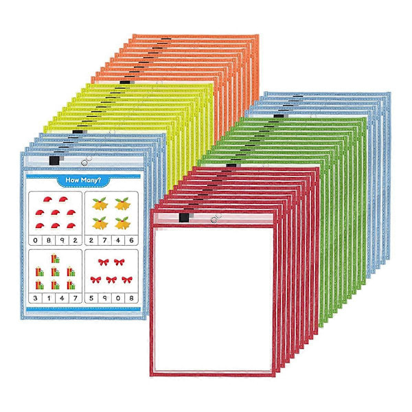 50-pack Återanvändbara fickor för whiteboard, 5 olika färger, skyddande fickor för lärare, skola, klassrumsmaterial