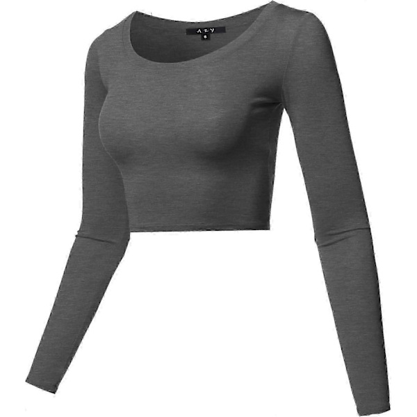 Basic, ensfarget, elastisk crop top med rund hals og lange ermer for kvinner Rayon - Charcoal Medium
