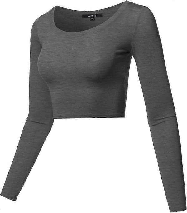 Basic, ensfarget, elastisk crop top med rund hals og lange ermer for kvinner Rayon - Charcoal Small