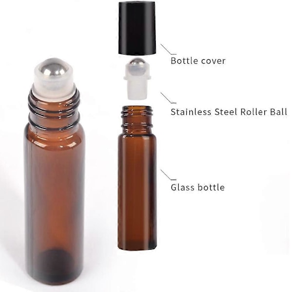 24 st 10 ml Rollerflaskor för eteriska oljor - Amber, glas med rullkulor i rostfritt stål (3 extra rullkulor, 54 etiketter, öppnare, tratt, D